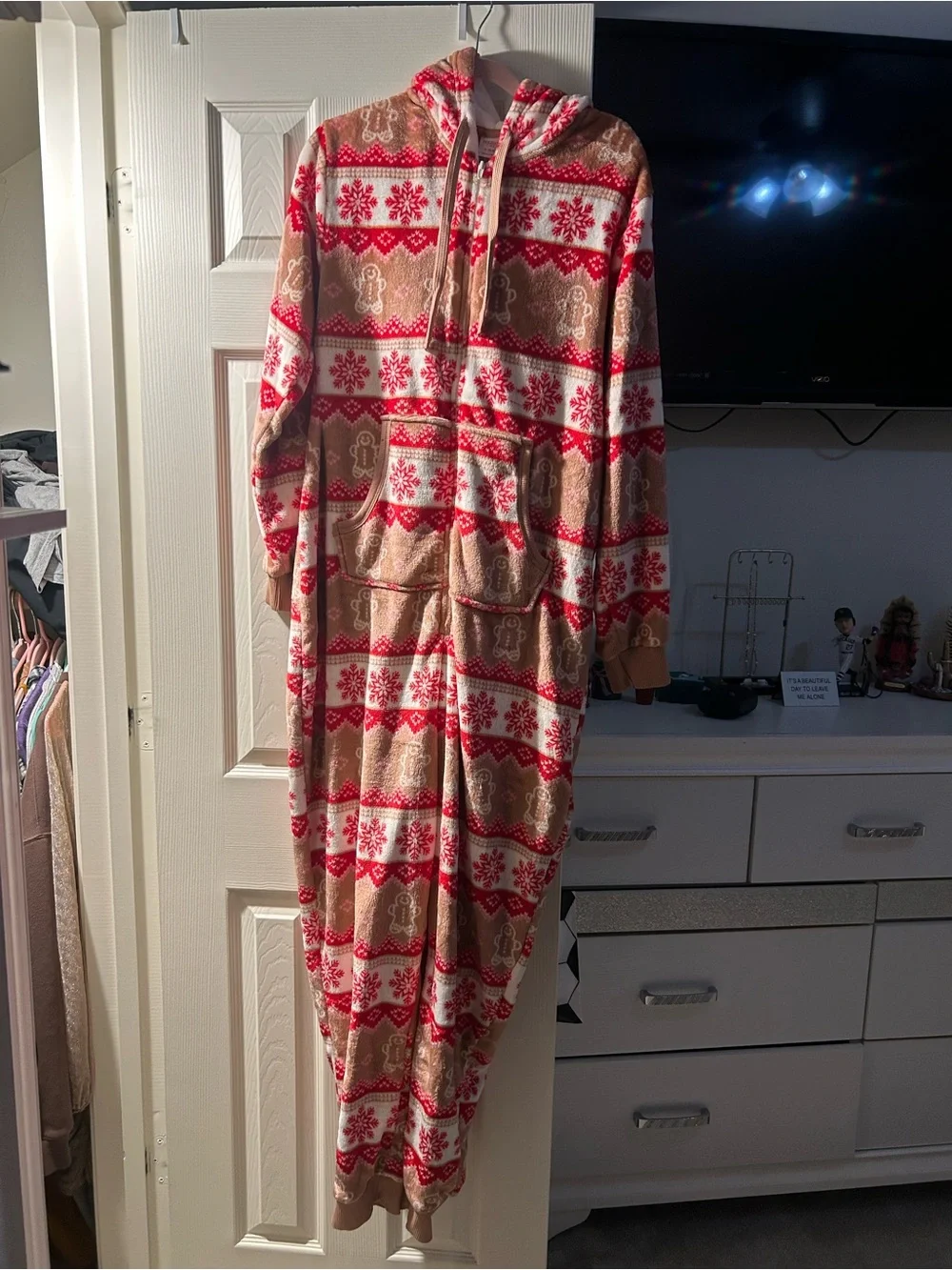 Kids Red & Tan Holiday Hooded Pajama Onesie